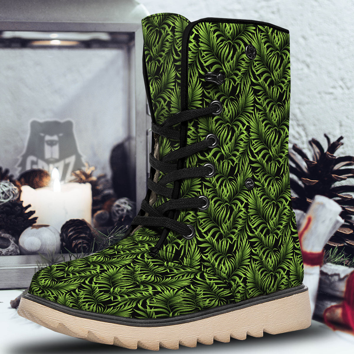 Palm Leaf Green Tropical Print Pattern Snow Boots-grizzshop