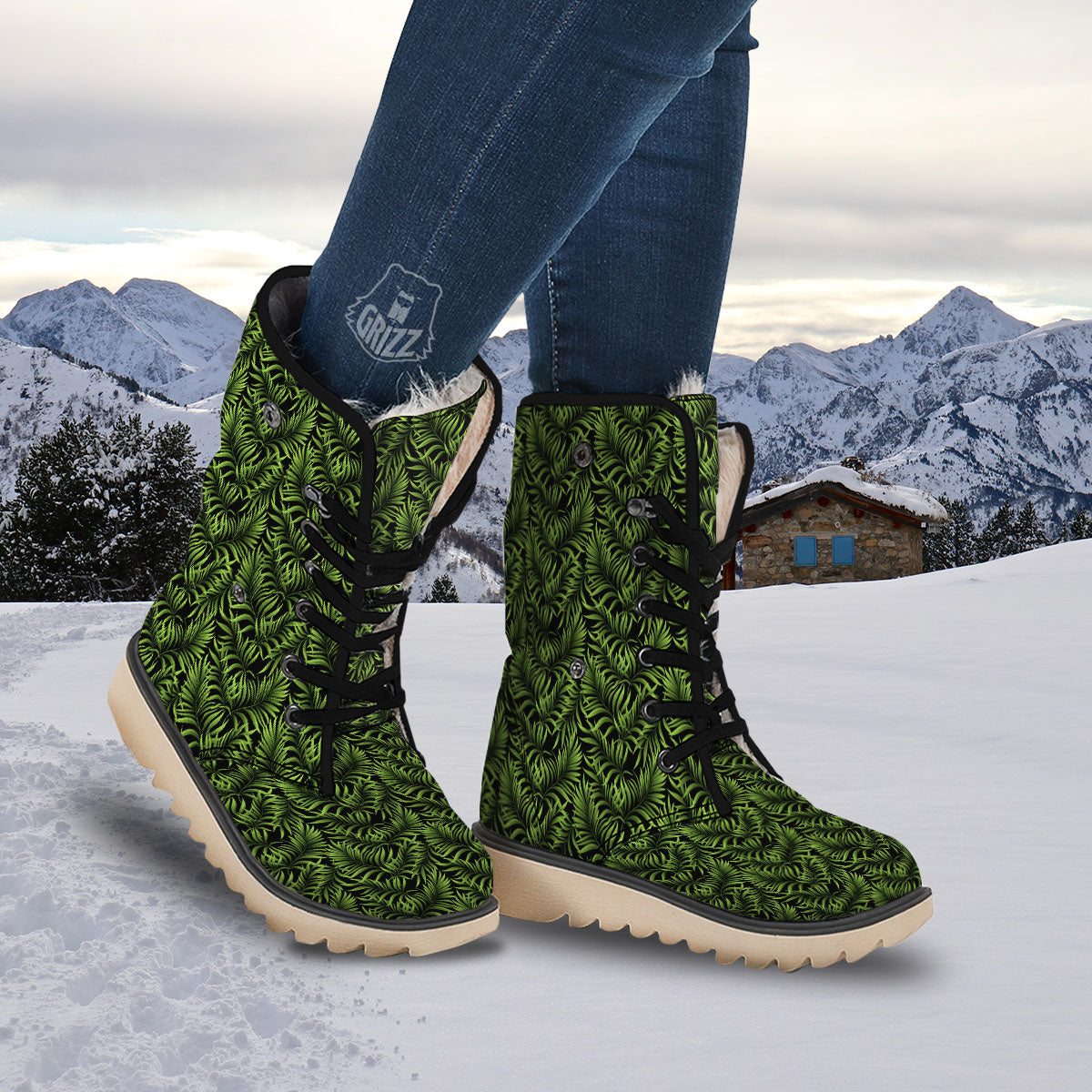 Palm Leaf Green Tropical Print Pattern Snow Boots-grizzshop