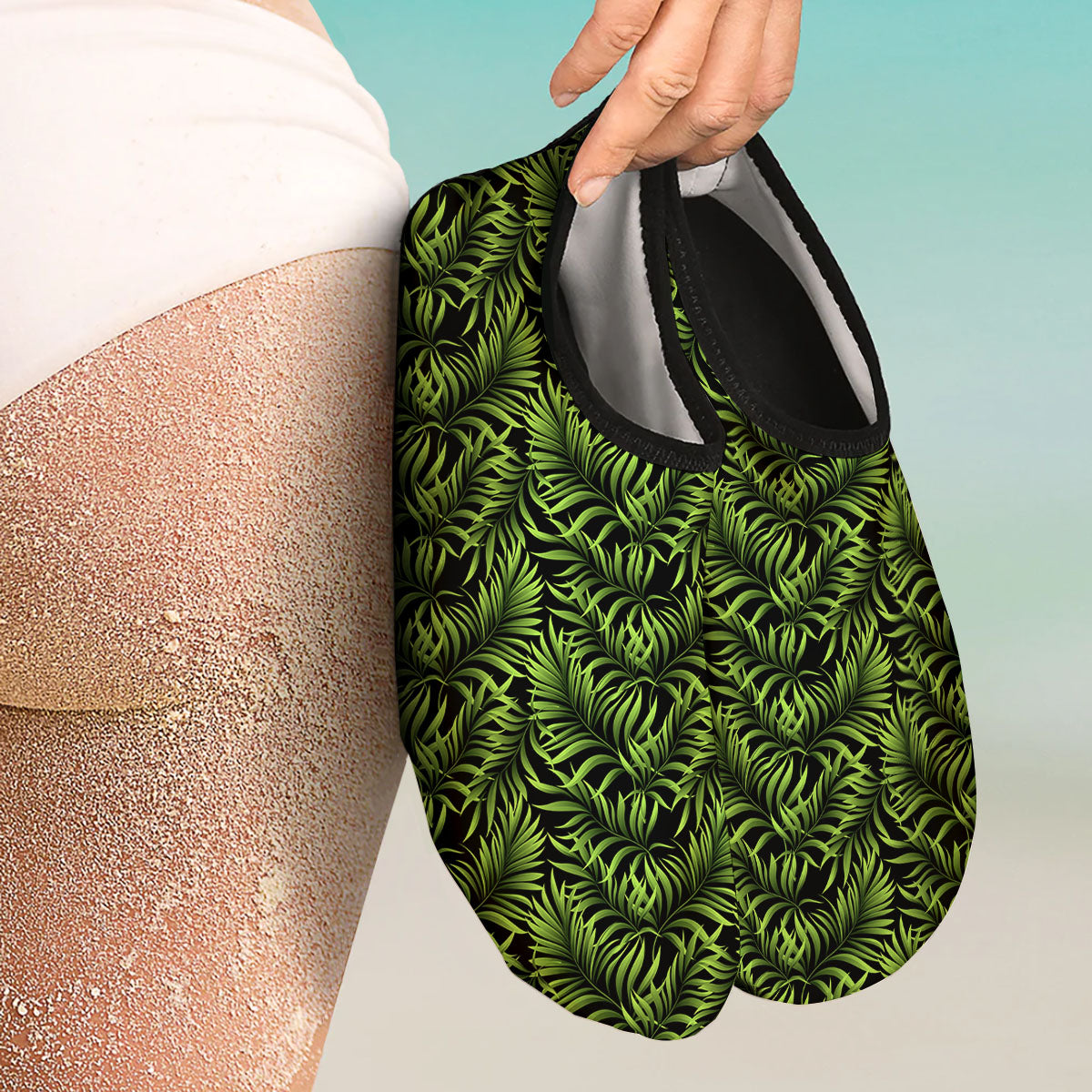 Palm Leaf Green Tropical Print Pattern Water Shoes-grizzshop
