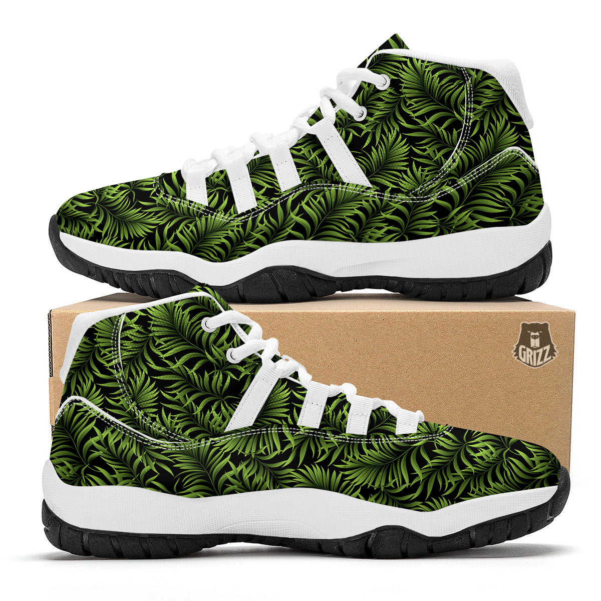 Palm Leaf Green Tropical Print Pattern White Bball Shoes-grizzshop