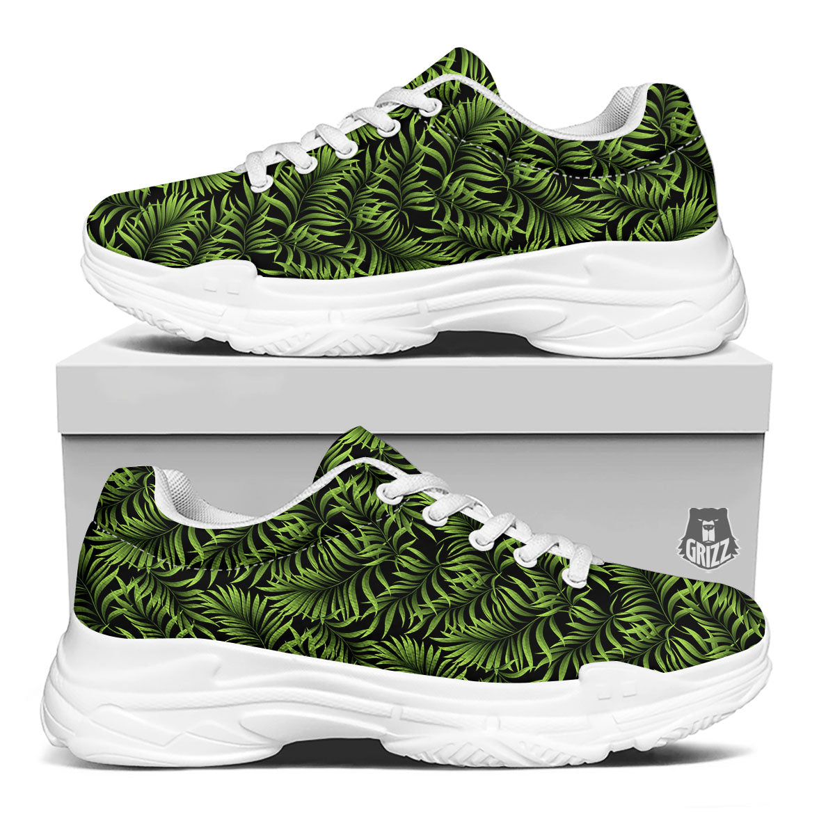 Palm Leaf Green Tropical Print Pattern White Chunky Shoes-grizzshop