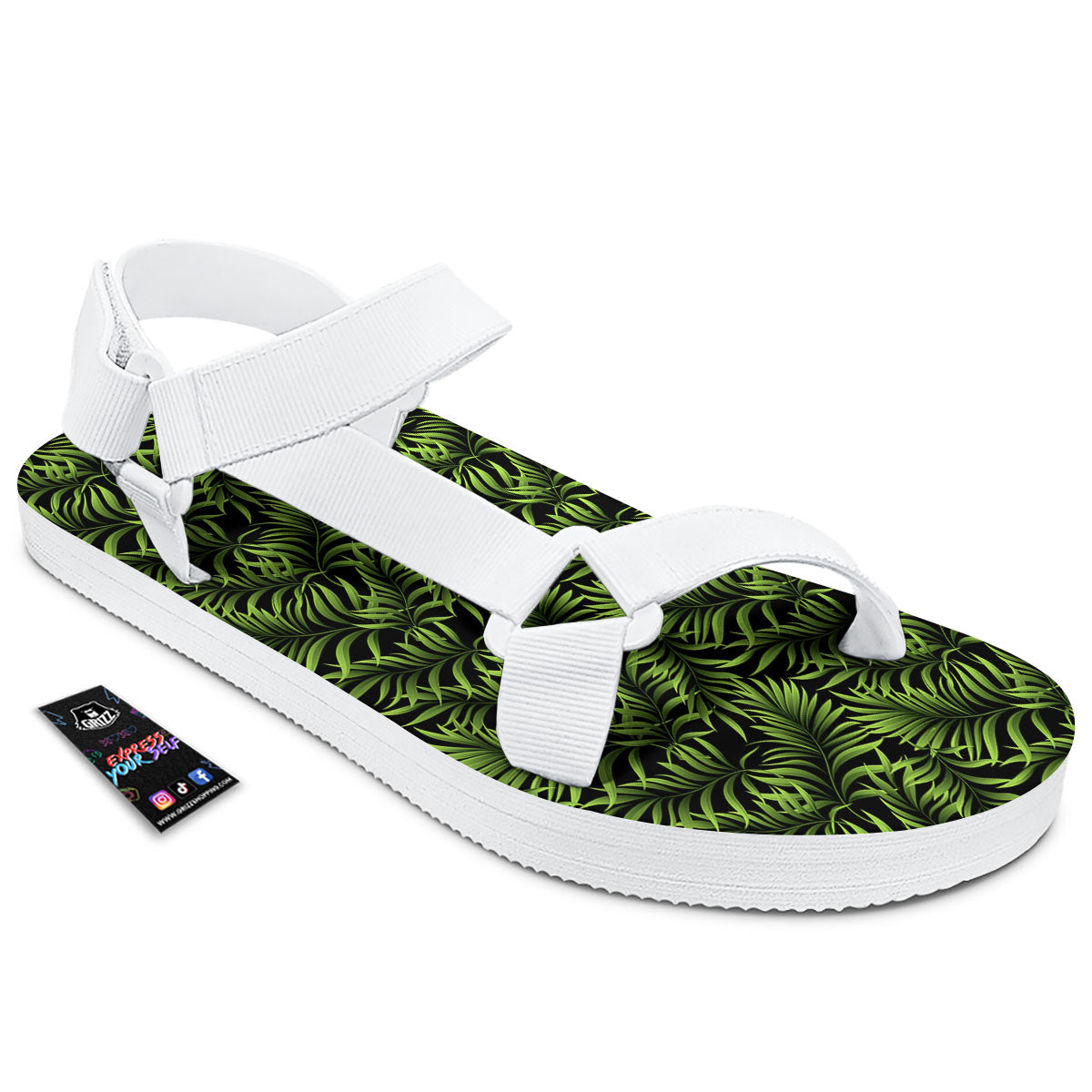 Palm Leaf Green Tropical Print Pattern White Open Toe Sandals-grizzshop
