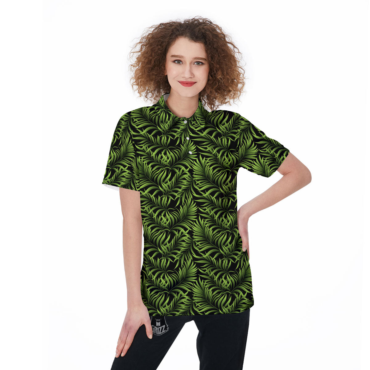 Palm Leaf Green Tropical Print Pattern Women's Golf Shirts-grizzshop
