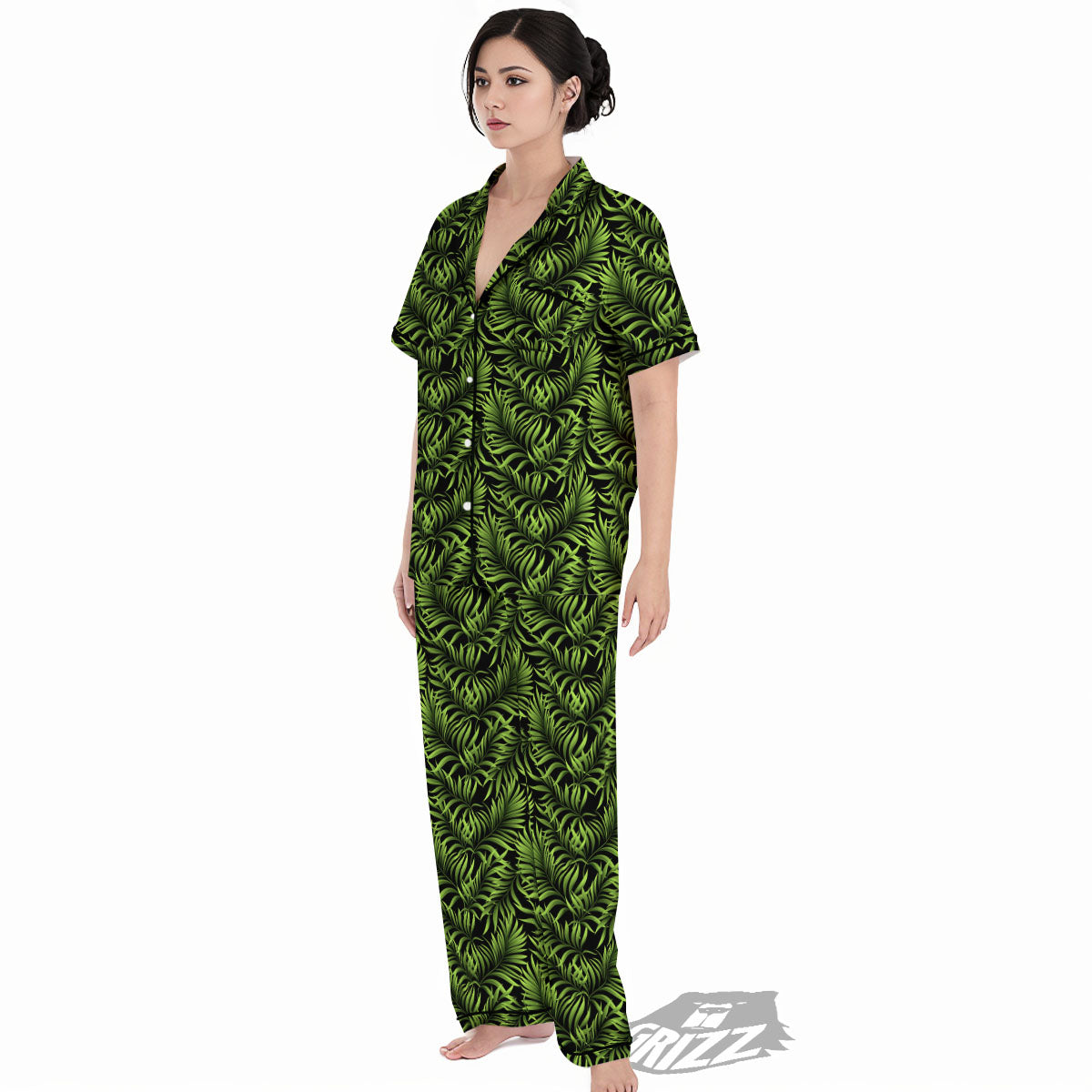 Palm Leaf Green Tropical Print Pattern Women's Pajamas Set-grizzshop