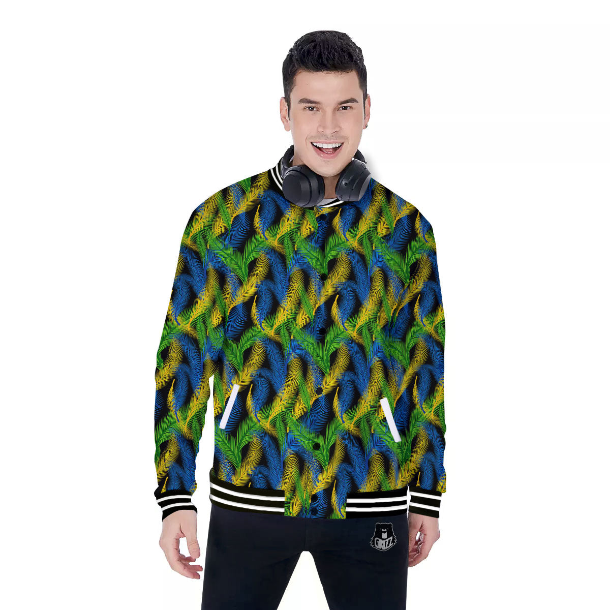 Palm Leaf Mardi Gras Print Pattern Baseball Jacket-grizzshop