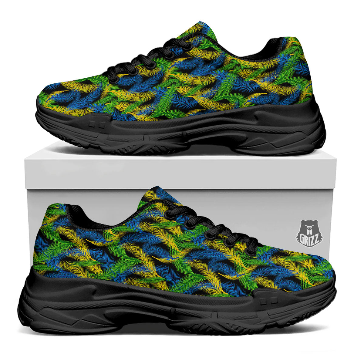 Palm Leaf Mardi Gras Print Pattern Black Chunky Shoes-grizzshop