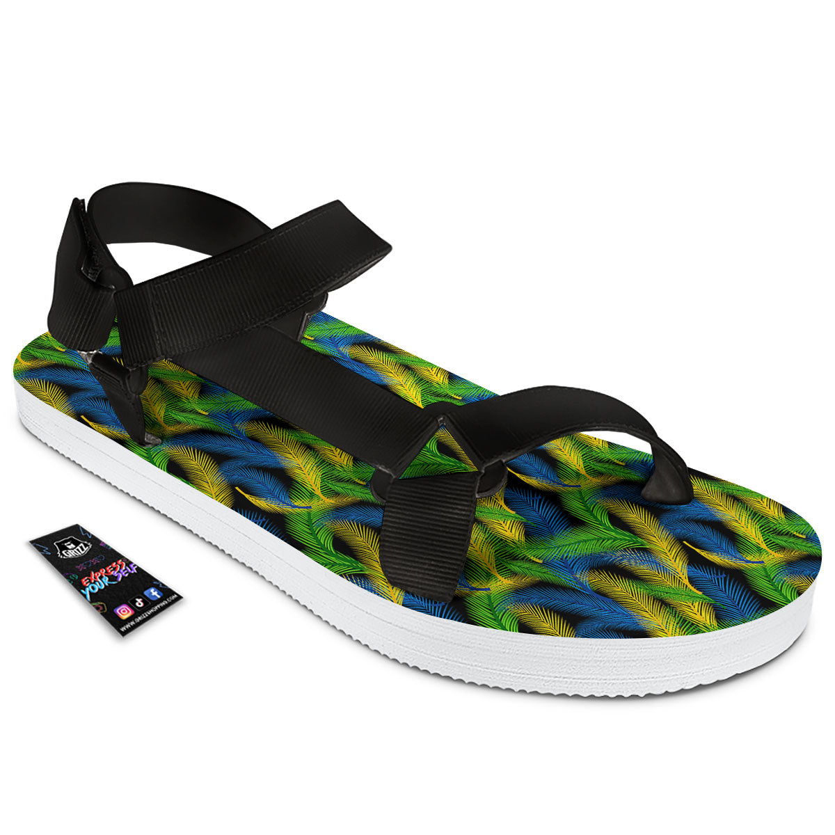 Palm Leaf Mardi Gras Print Pattern Black Open Toe Sandals-grizzshop
