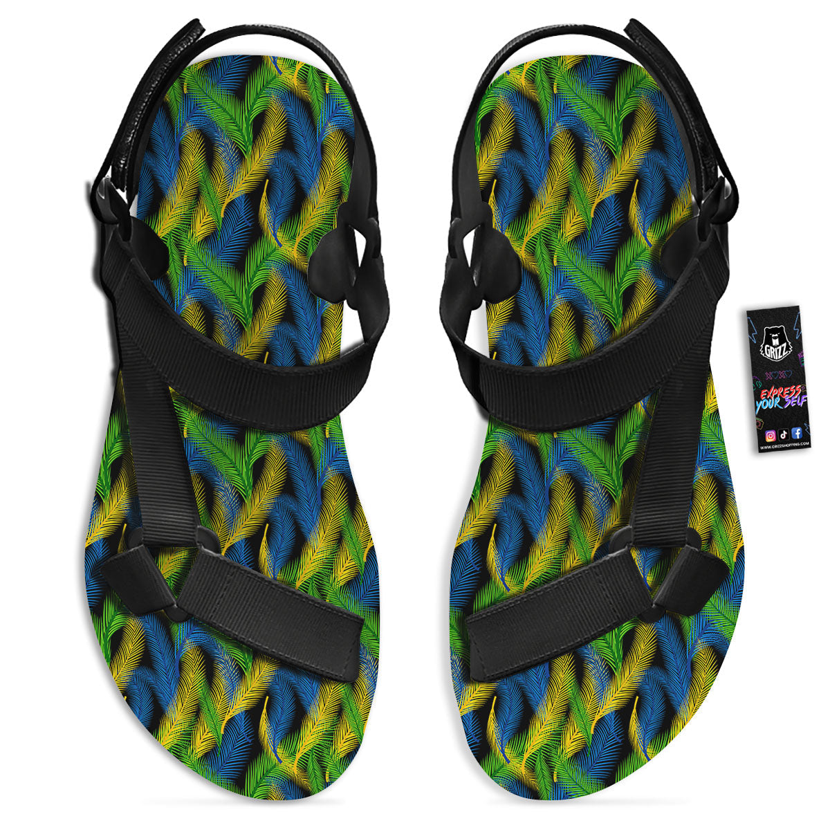 Palm Leaf Mardi Gras Print Pattern Black Open Toe Sandals-grizzshop
