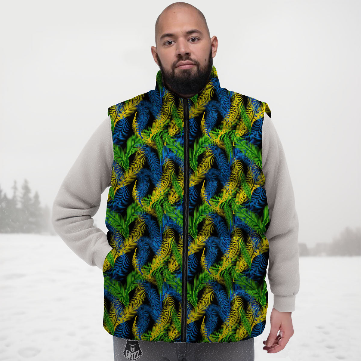 Palm Leaf Mardi Gras Print Pattern Down Vest