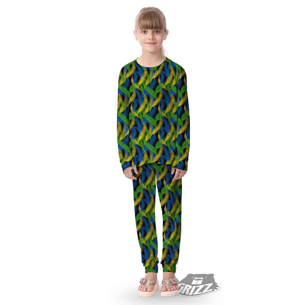 Palm Leaf Mardi Gras Print Pattern Kid's Pajamas-grizzshop