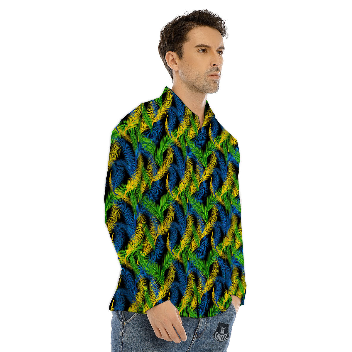 Palm Leaf Mardi Gras Print Pattern Men's Dress Shirts-grizzshop