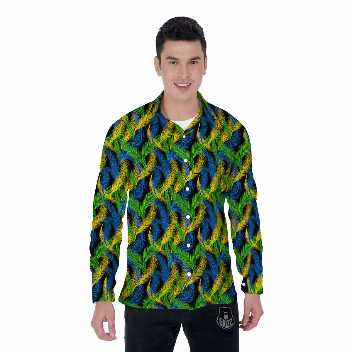 Palm Leaf Mardi Gras Print Pattern Men's Long Sleeve Shirts-grizzshop