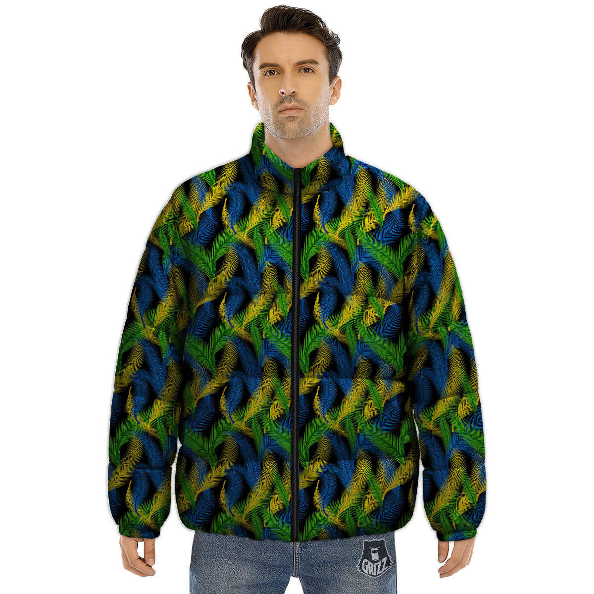 Palm Leaf Mardi Gras Print Pattern Puffer Jacket-grizzshop
