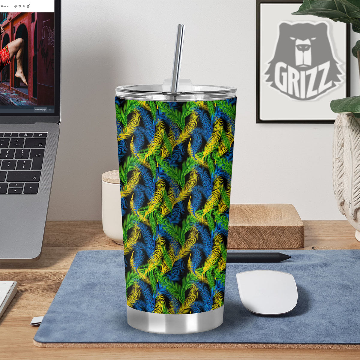 Palm Leaf Mardi Gras Print Pattern Tumbler-grizzshop