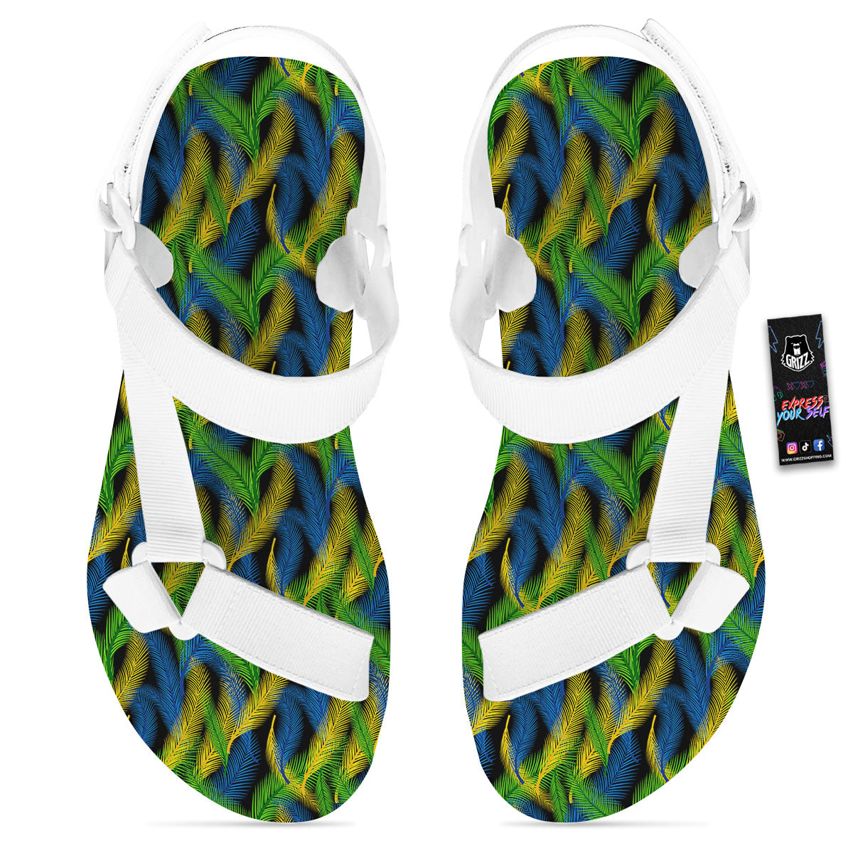 Palm Leaf Mardi Gras Print Pattern White Open Toe Sandals-grizzshop