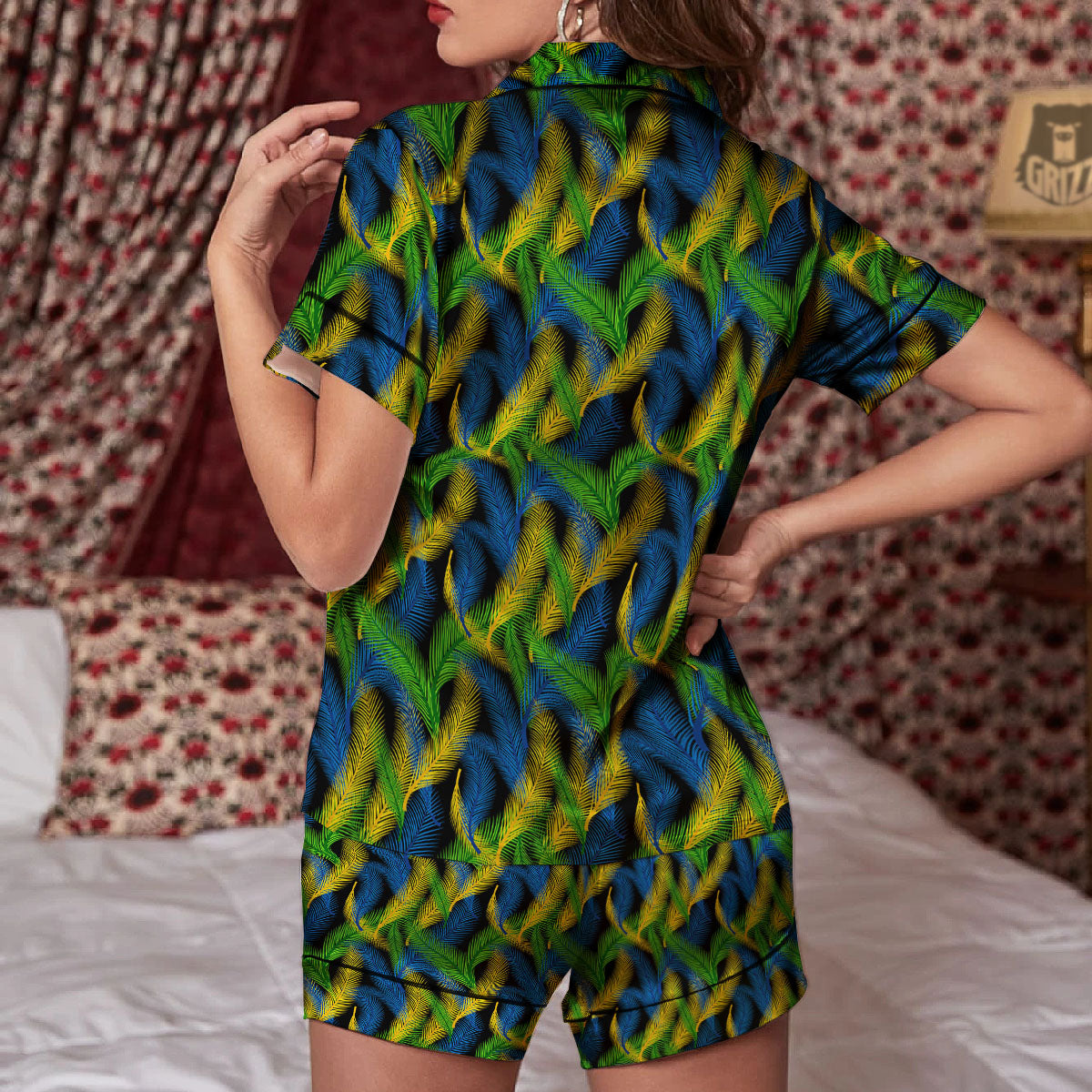 Palm Leaf Mardi Gras Print Pattern Women Silk Pajamas-grizzshop