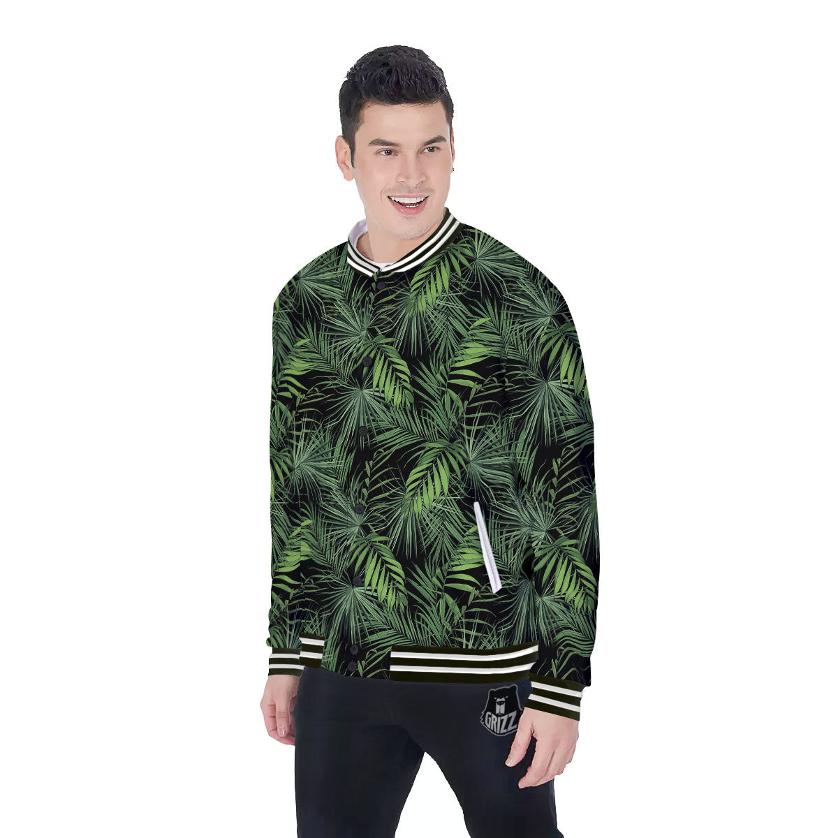 Palm Leaf Night Tropical Print Pattern Baseball Jacket-grizzshop
