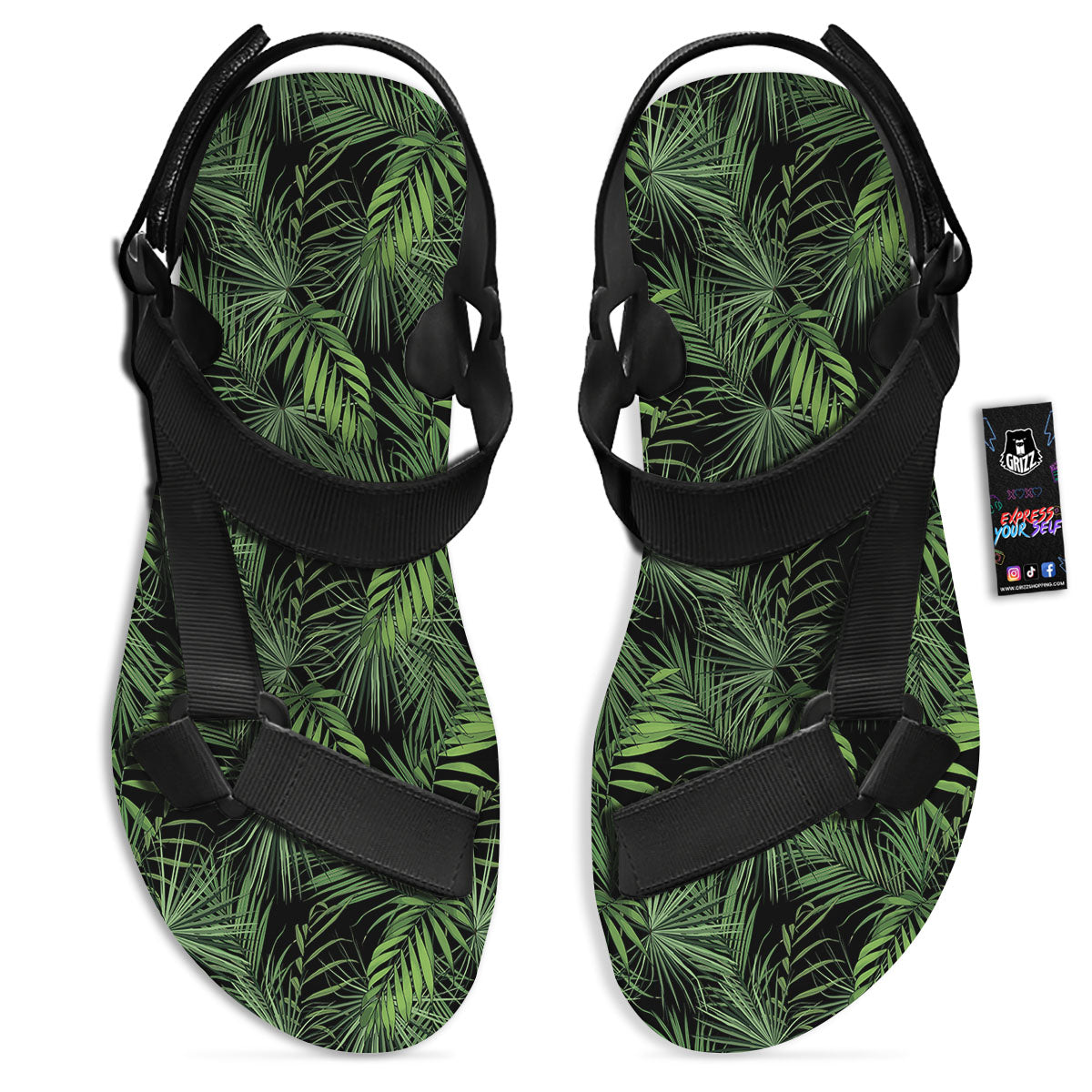 Palm Leaf Night Tropical Print Pattern Black Open Toe Sandals-grizzshop