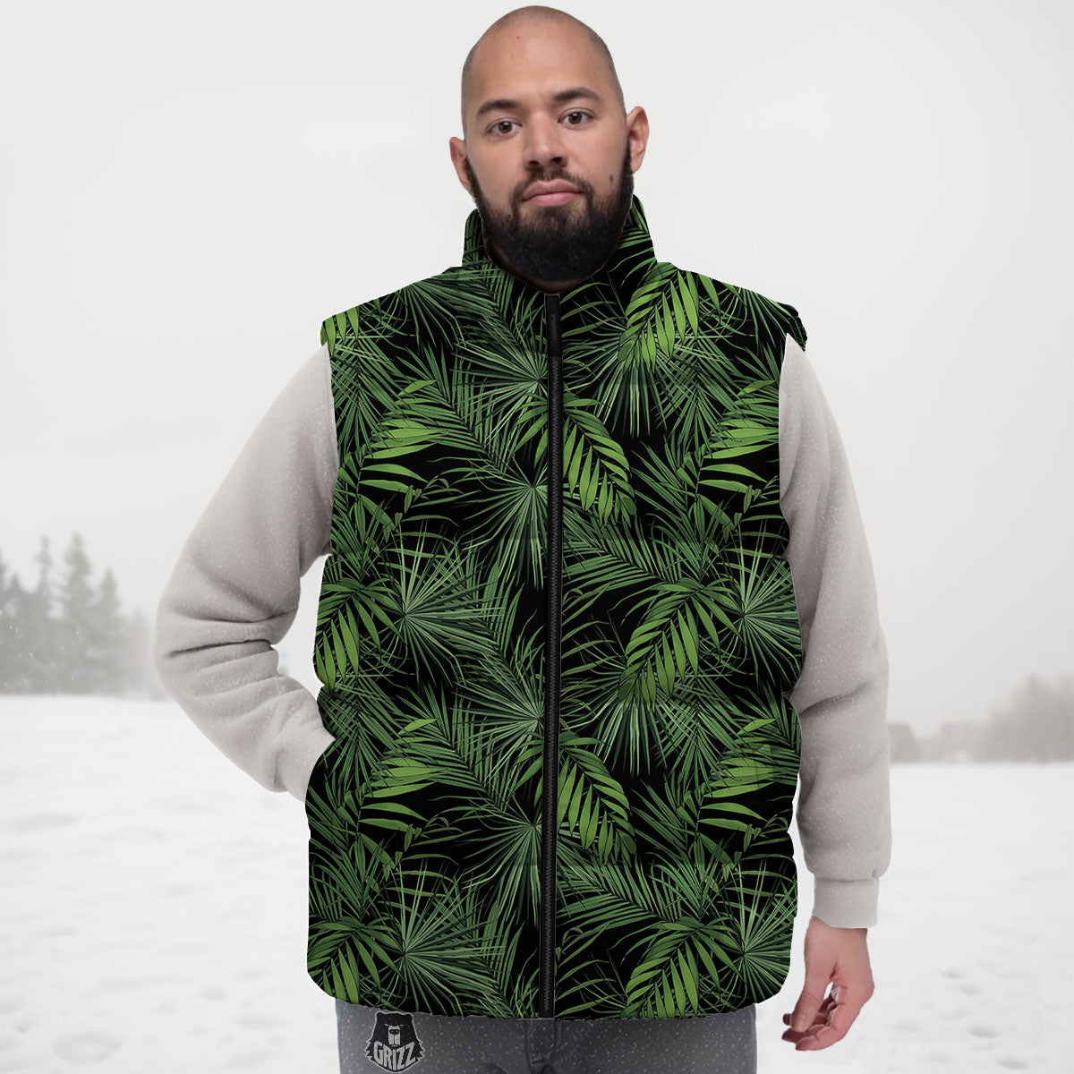 Palm Leaf Night Tropical Print Pattern Down Vest