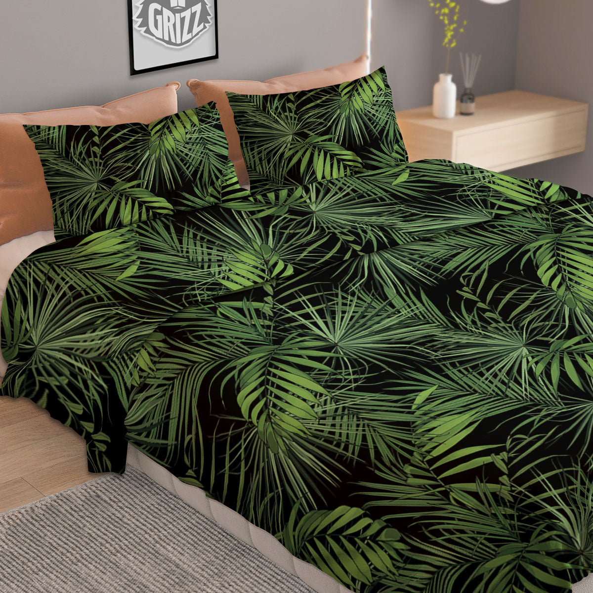 Palm Leaf Night Tropical Print Pattern Duvet Cover Bedding Set