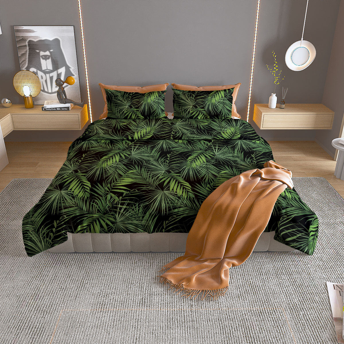 Palm Leaf Night Tropical Print Pattern Duvet Cover Bedding Set