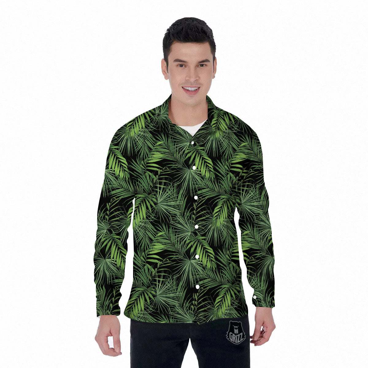 Palm Leaf Night Tropical Print Pattern Men's Long Sleeve Shirts-grizzshop