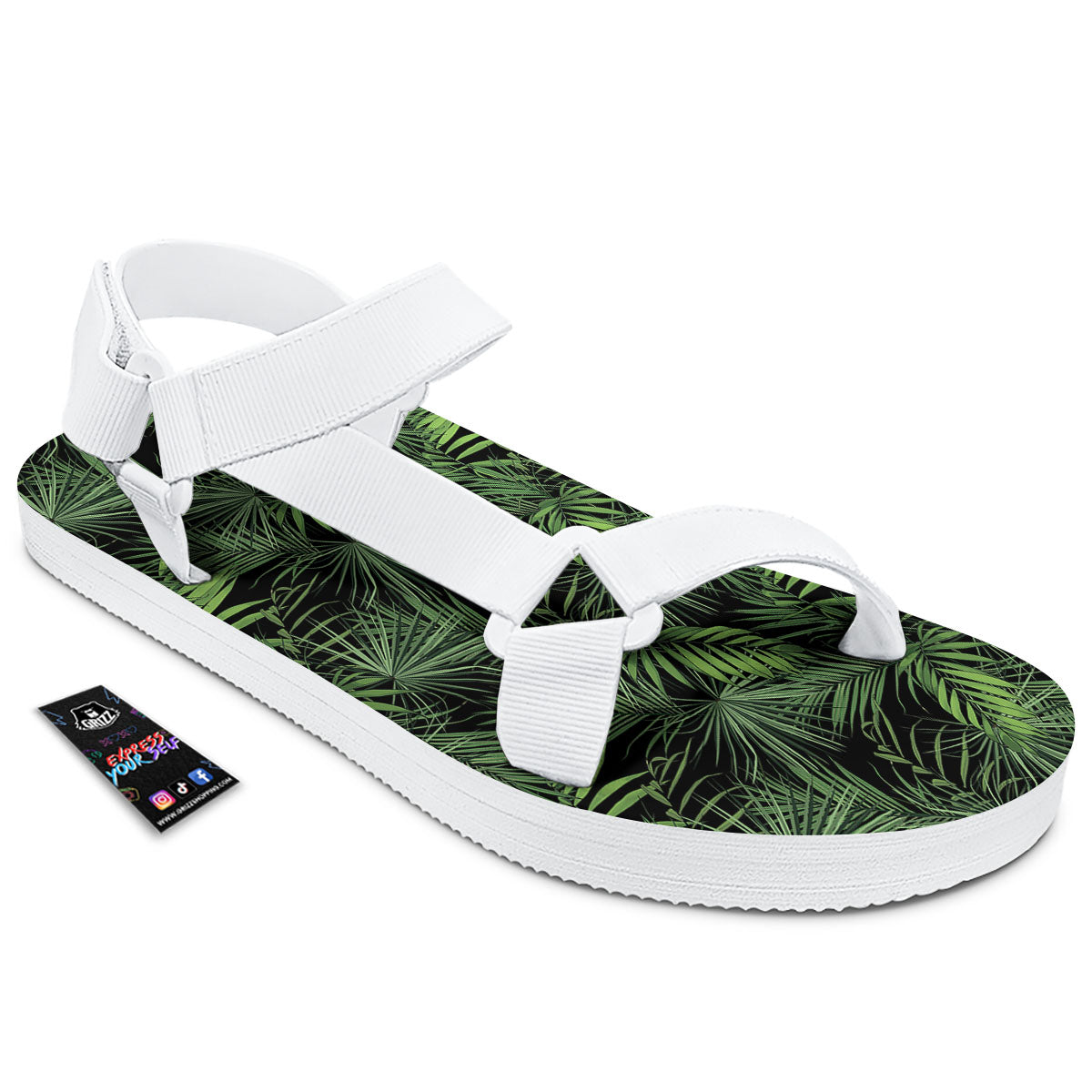 Palm Leaf Night Tropical Print Pattern White Open Toe Sandals-grizzshop