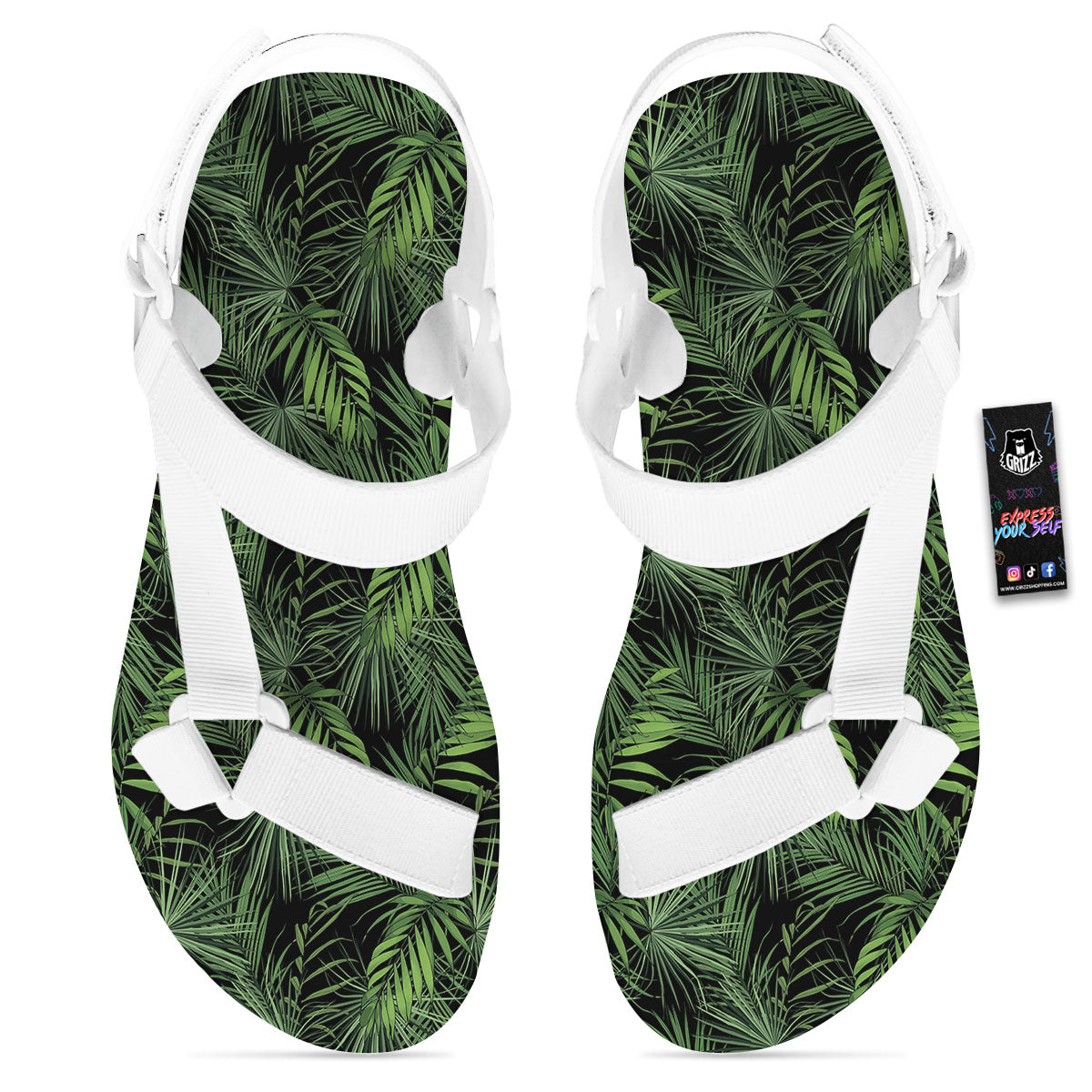 Palm Leaf Night Tropical Print Pattern White Open Toe Sandals-grizzshop