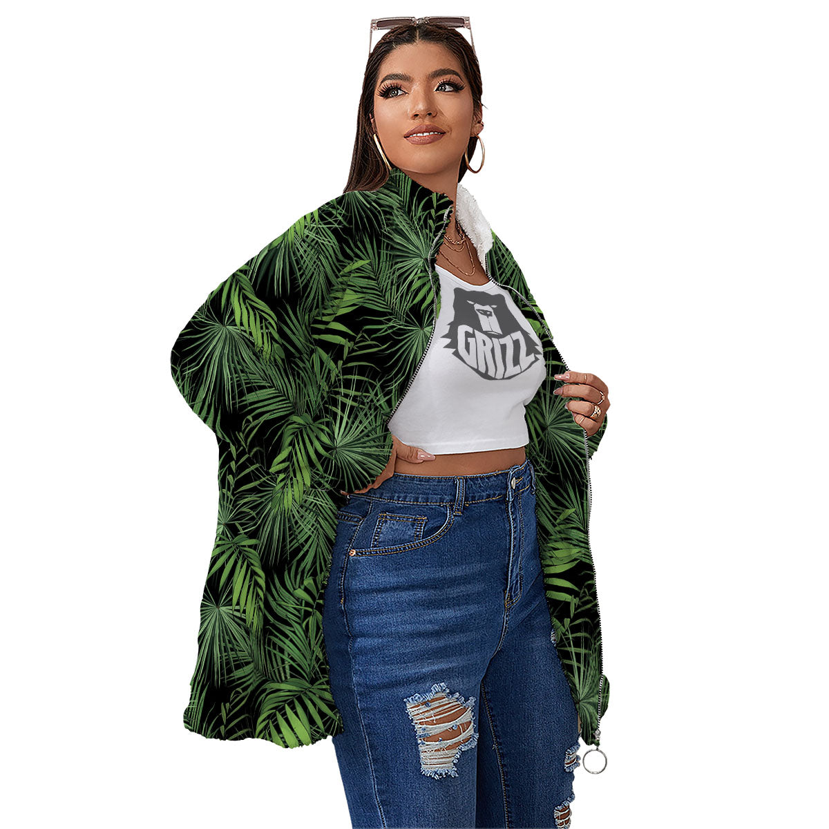 Palm Leaf Night Tropical Print Pattern Women's Sherpa Jacket-grizzshop