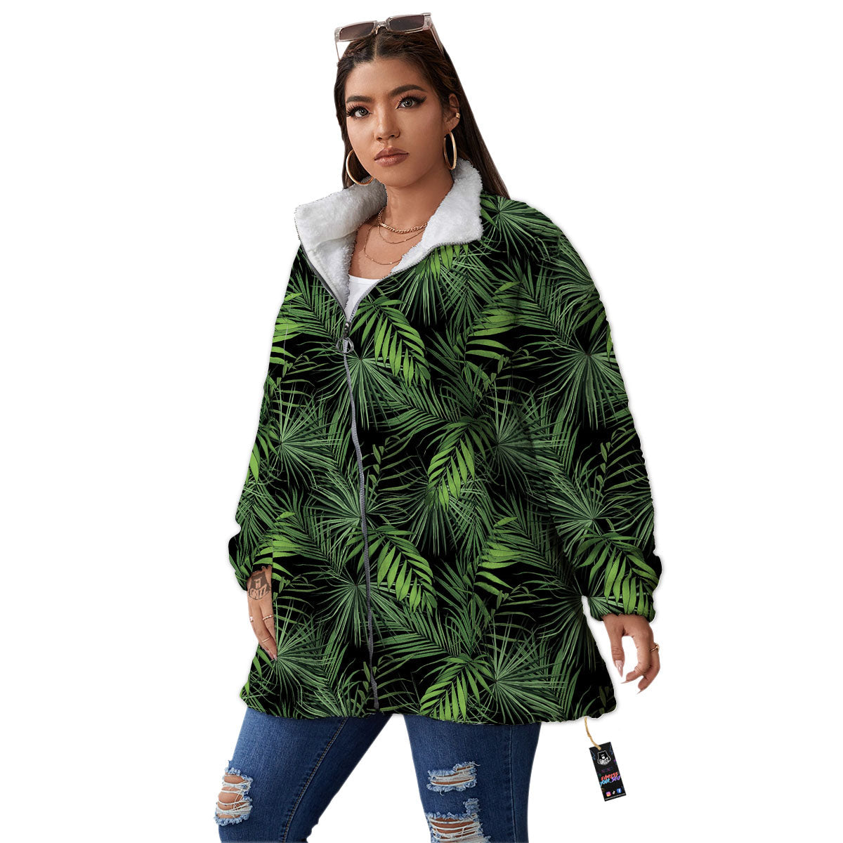 Palm Leaf Night Tropical Print Pattern Women's Sherpa Jacket-grizzshop