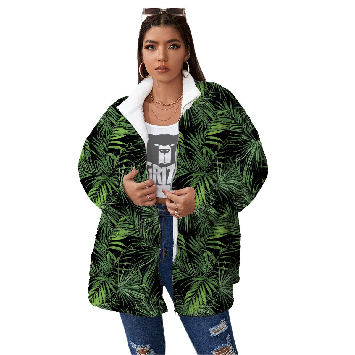 Palm Leaf Night Tropical Print Pattern Women's Sherpa Jacket-grizzshop