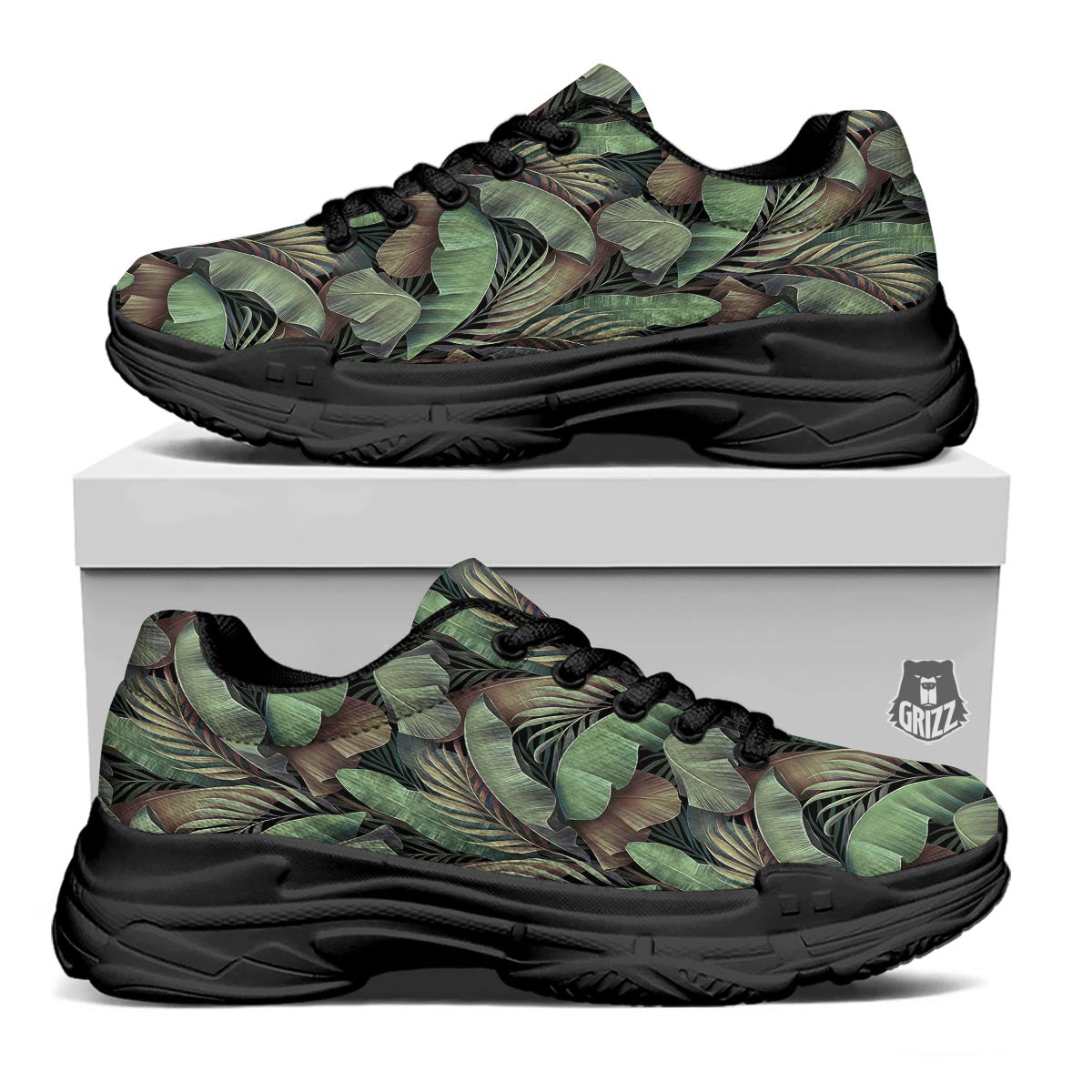 Palm Leaf Tropical Banana Print Pattern Black Chunky Shoes-grizzshop