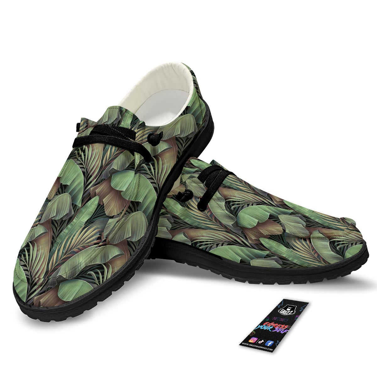 Palm Leaf Tropical Banana Print Pattern Black Loafers-grizzshop