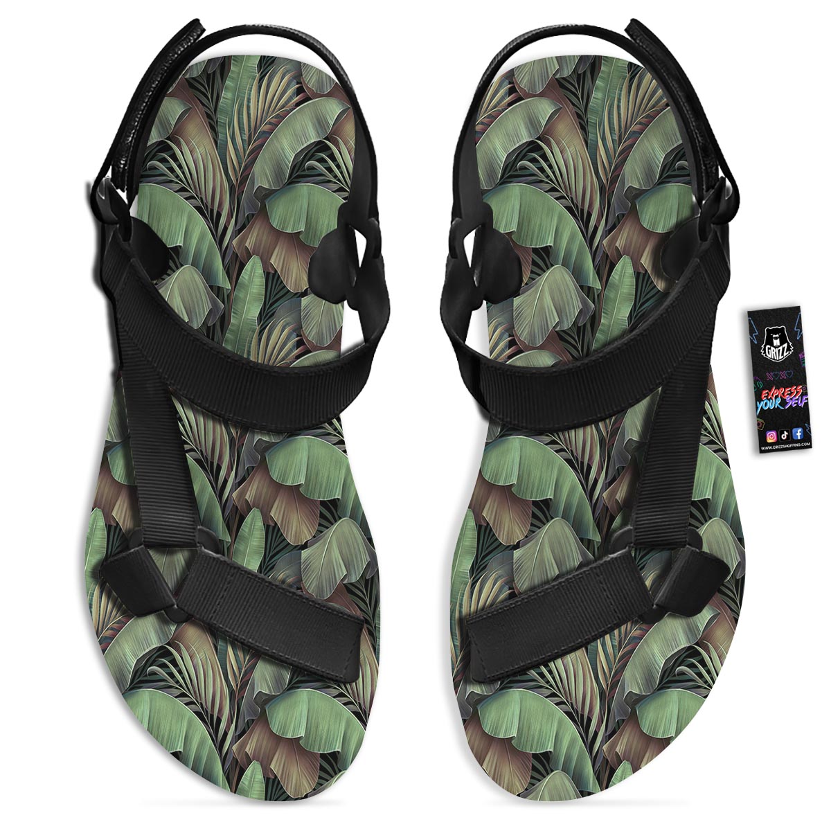 Palm Leaf Tropical Banana Print Pattern Black Open Toe Sandals-grizzshop