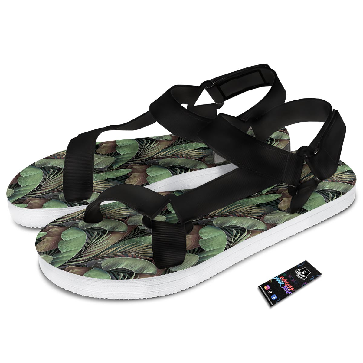 Palm Leaf Tropical Banana Print Pattern Black Open Toe Sandals-grizzshop