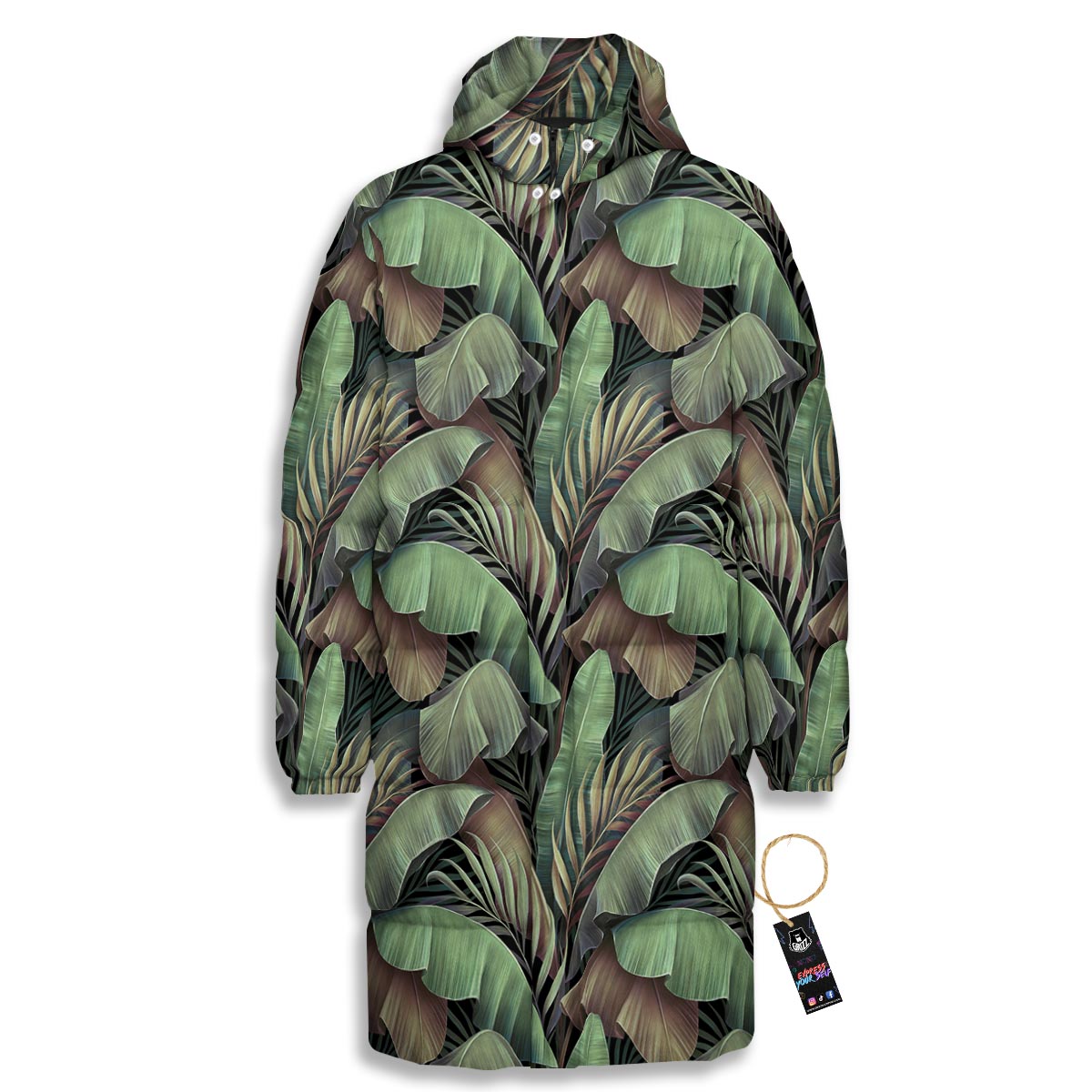 Palm Leaf Tropical Banana Print Pattern Long Down Jacket-grizzshop