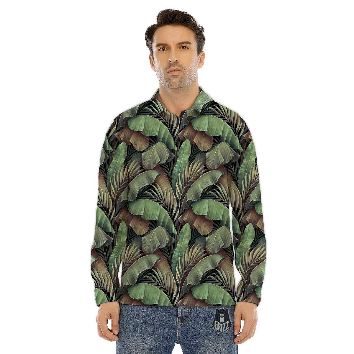 Palm Leaf Tropical Banana Print Pattern Men's Dress Shirts-grizzshop
