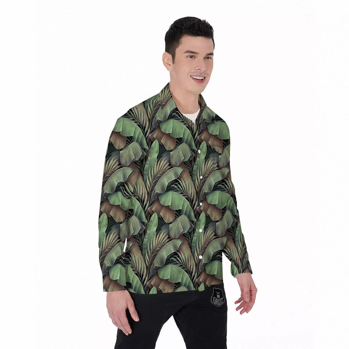 Palm Leaf Tropical Banana Print Pattern Men's Long Sleeve Shirts-grizzshop