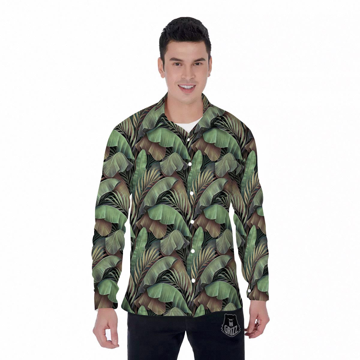 Palm Leaf Tropical Banana Print Pattern Men's Long Sleeve Shirts-grizzshop