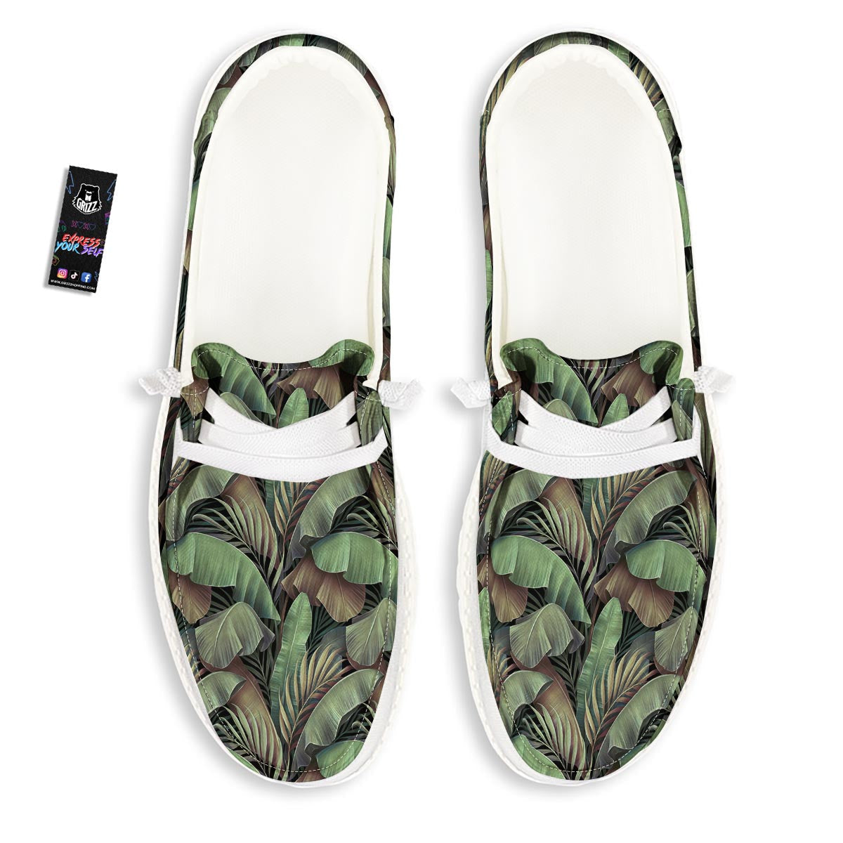 Palm Leaf Tropical Banana Print Pattern White Loafers-grizzshop