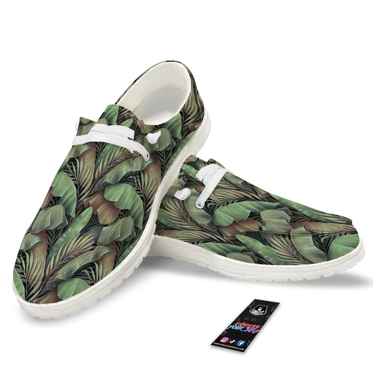 Palm Leaf Tropical Banana Print Pattern White Loafers-grizzshop