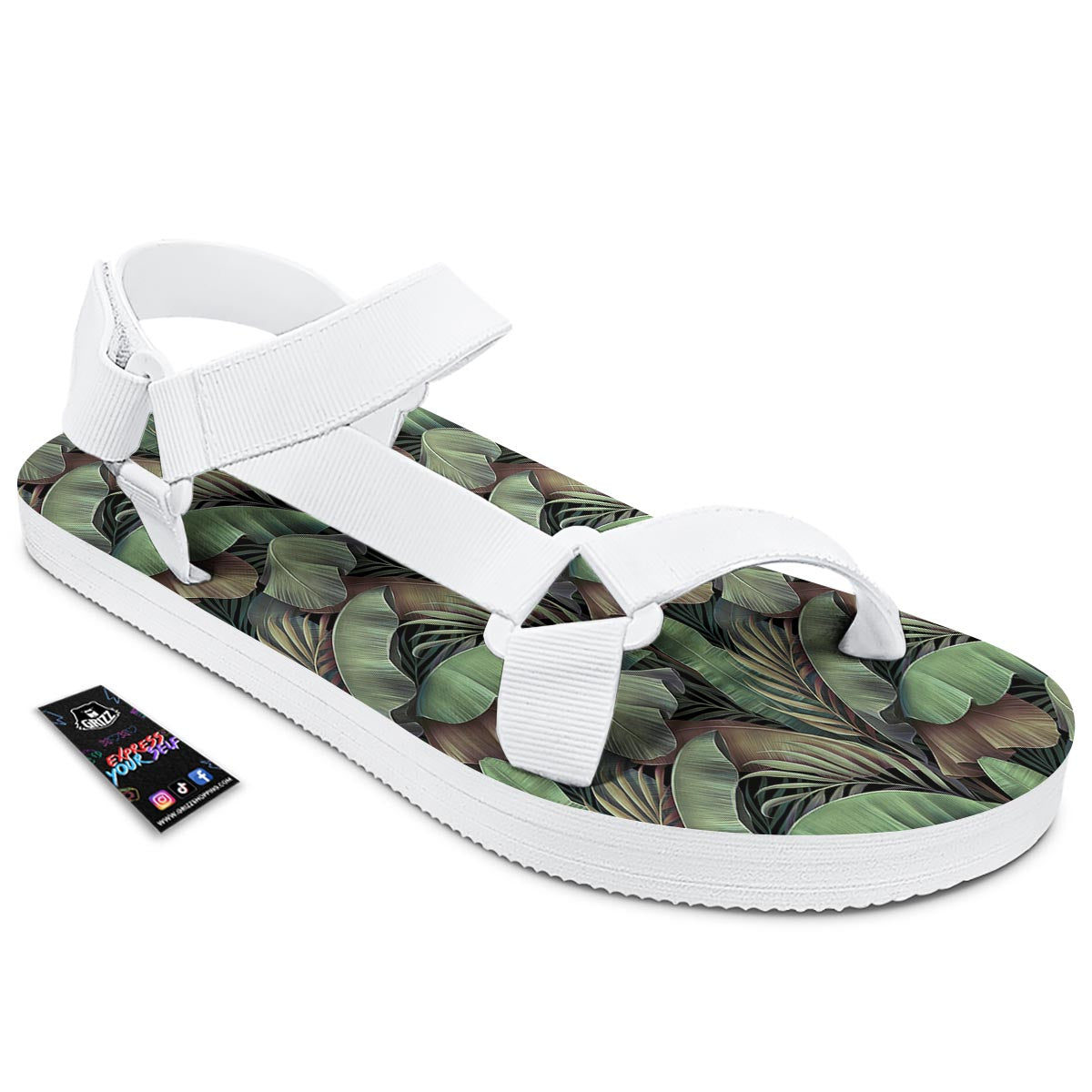 Palm Leaf Tropical Banana Print Pattern White Open Toe Sandals-grizzshop