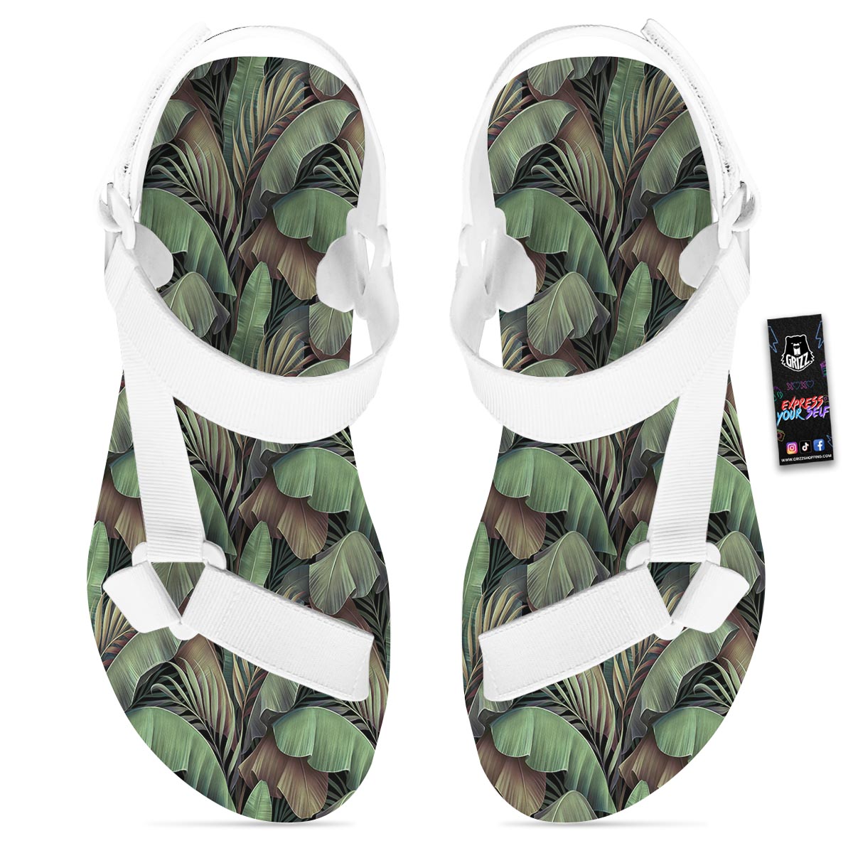 Palm Leaf Tropical Banana Print Pattern White Open Toe Sandals-grizzshop