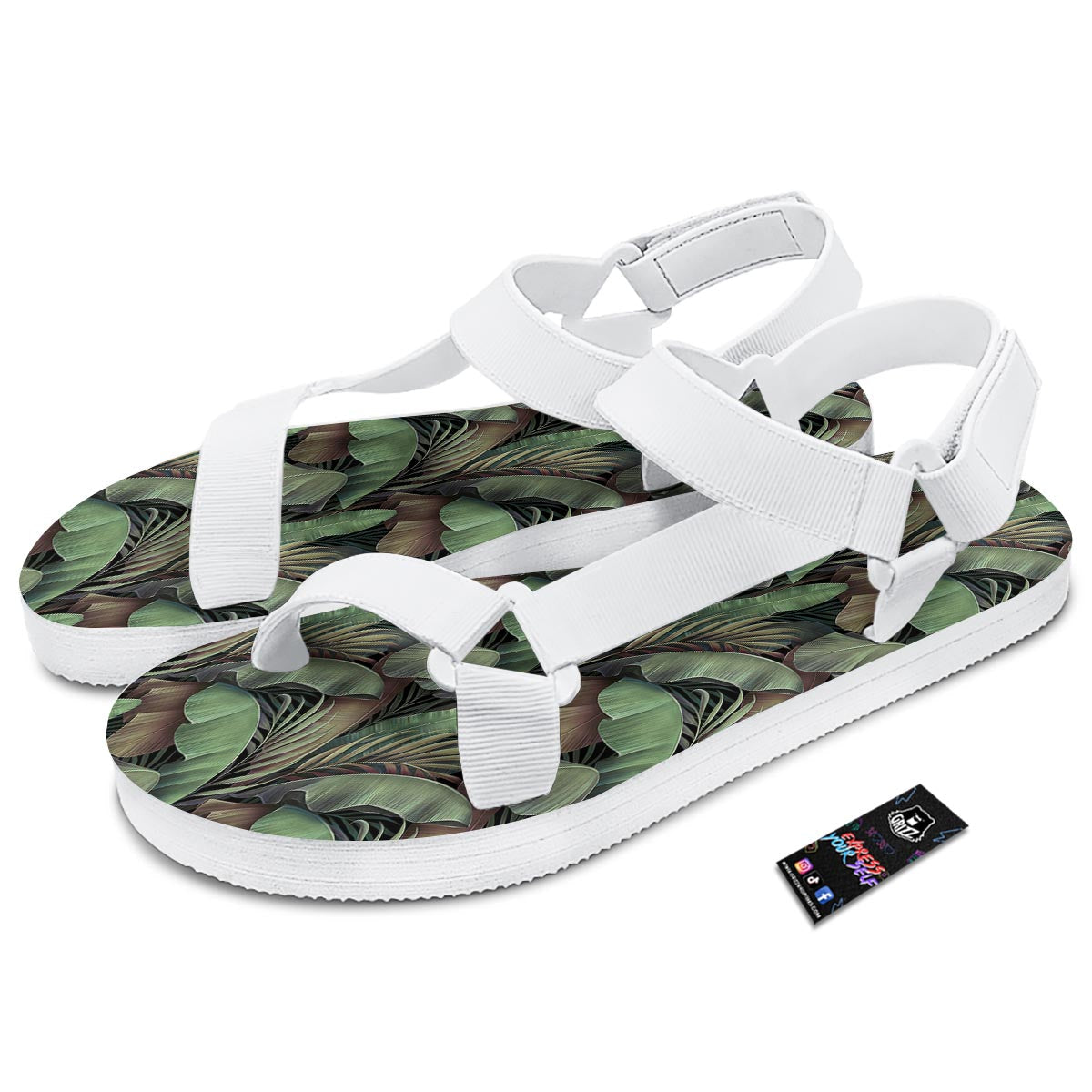 Palm Leaf Tropical Banana Print Pattern White Open Toe Sandals-grizzshop