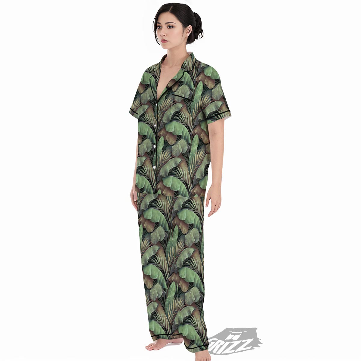 Palm Leaf Tropical Banana Print Pattern Women's Pajamas Set-grizzshop