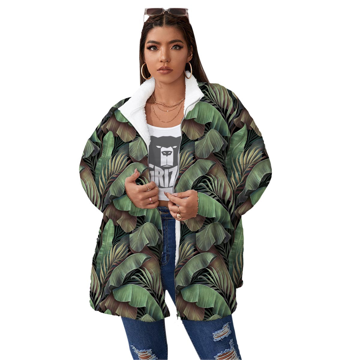 Palm Leaf Tropical Banana Print Pattern Women's Sherpa Jacket-grizzshop