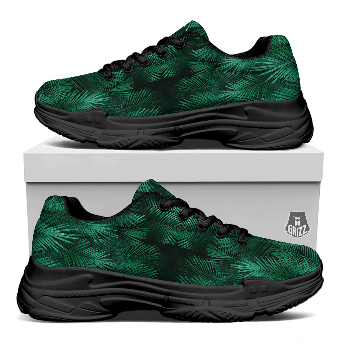 Palm Leaf Tropical Print Pattern Black Chunky Shoes-grizzshop