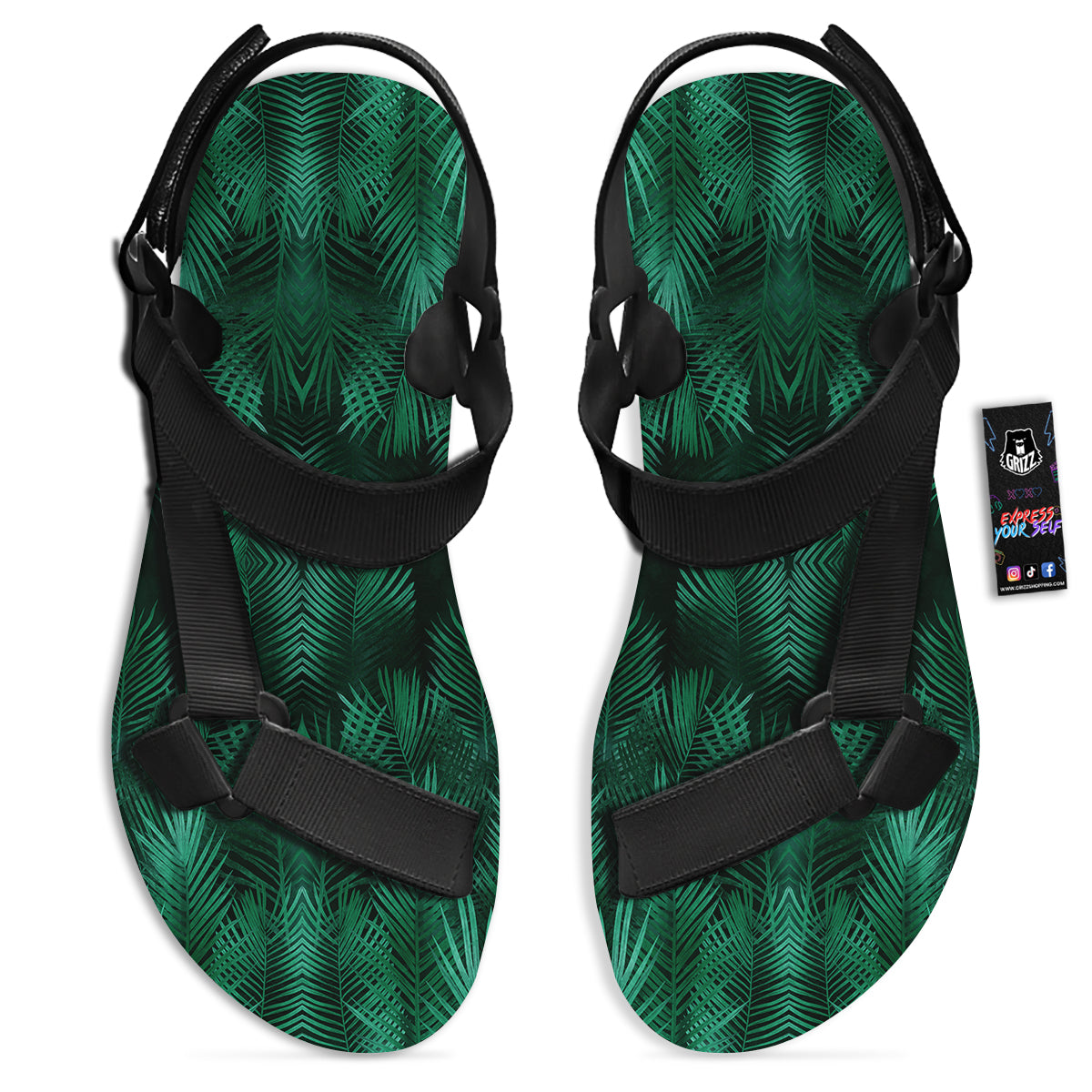 Palm Leaf Tropical Print Pattern Black Open Toe Sandals-grizzshop