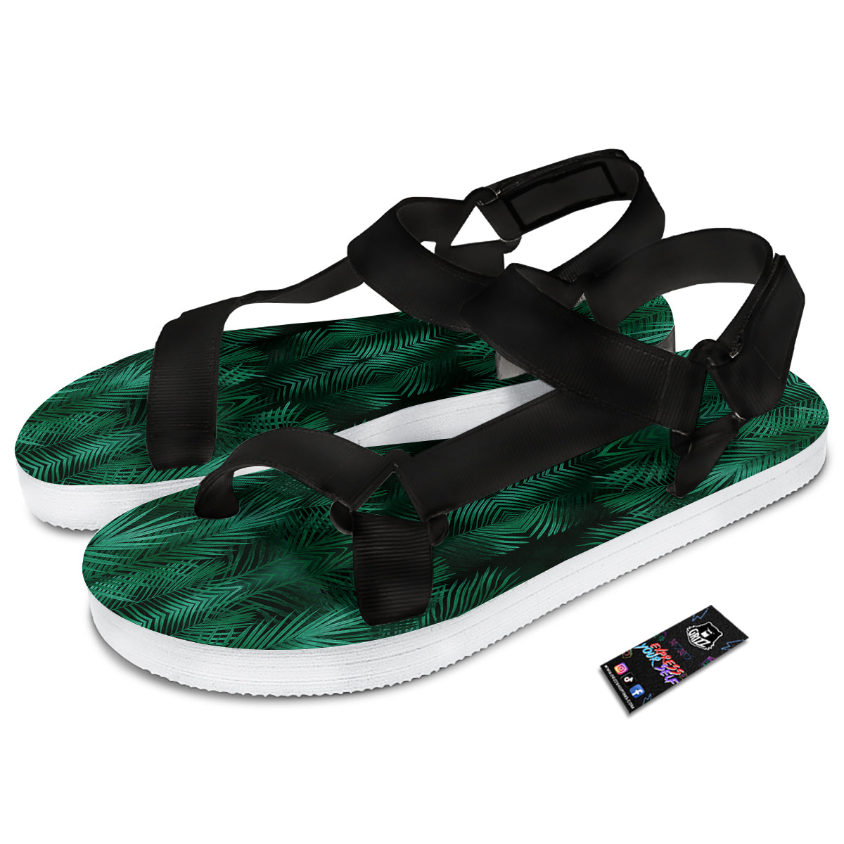 Palm Leaf Tropical Print Pattern Black Open Toe Sandals-grizzshop