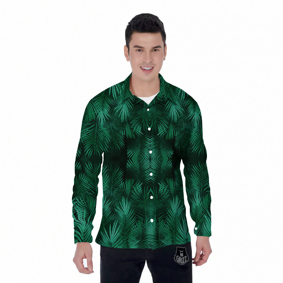 Palm Leaf Tropical Print Pattern Men's Long Sleeve Shirts-grizzshop